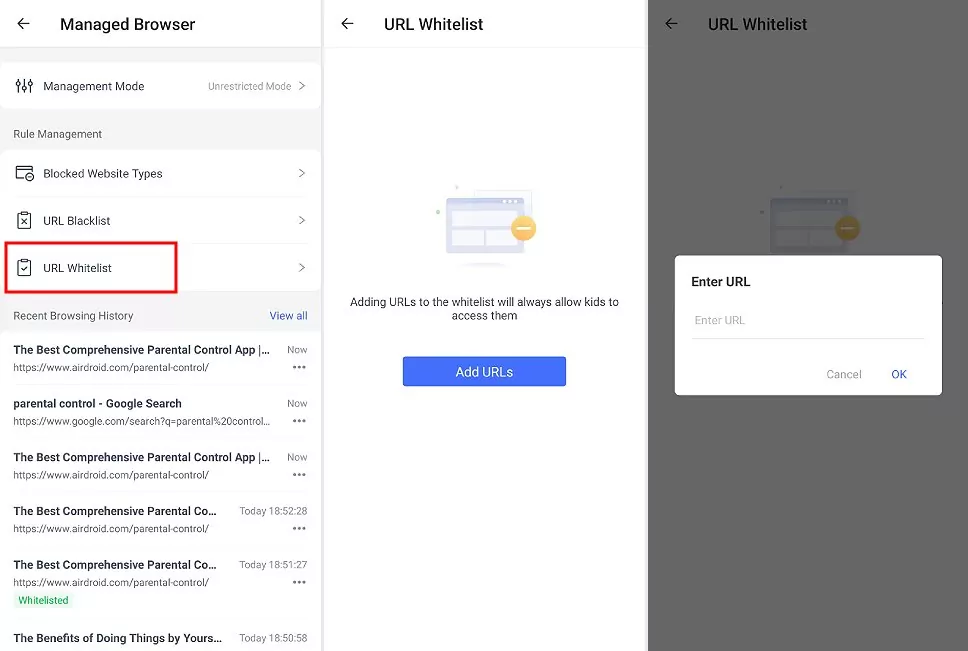 AirDroid Browser add URLs to whitelist