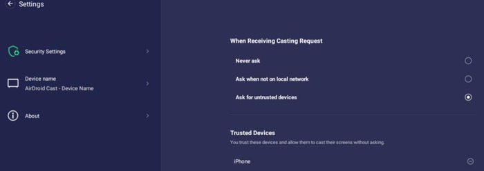 Security settings on AirDroid Cast TV