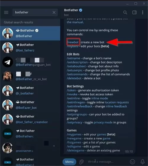 tapez la commande pour introduire un nouveau bot sur Telegram