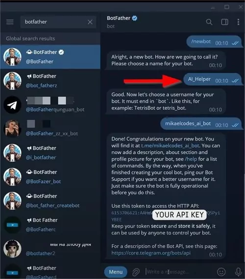 créez le nom de votre bot sur Telegram