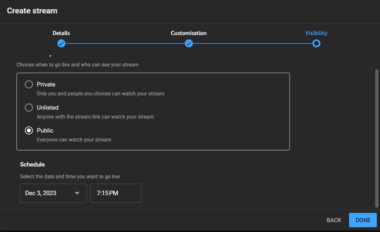 choose Public for YouTube streaming