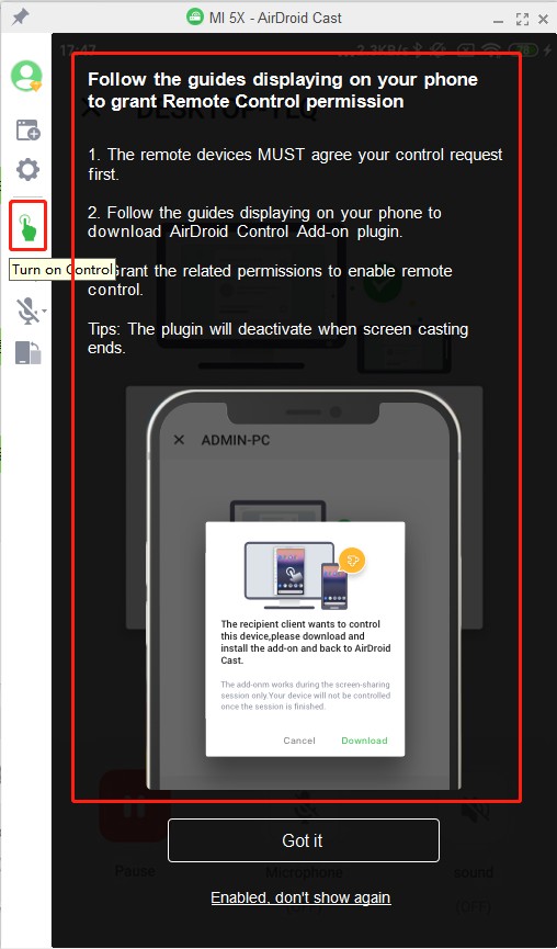 initiate AirDroid Cast control request on computer