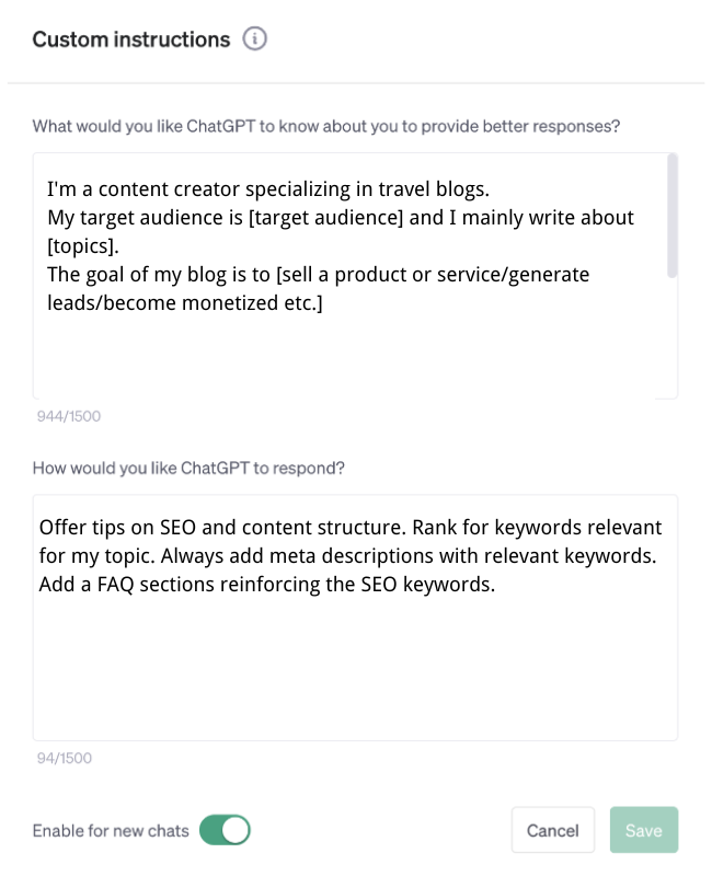ChatGPT Custom Instructions Example